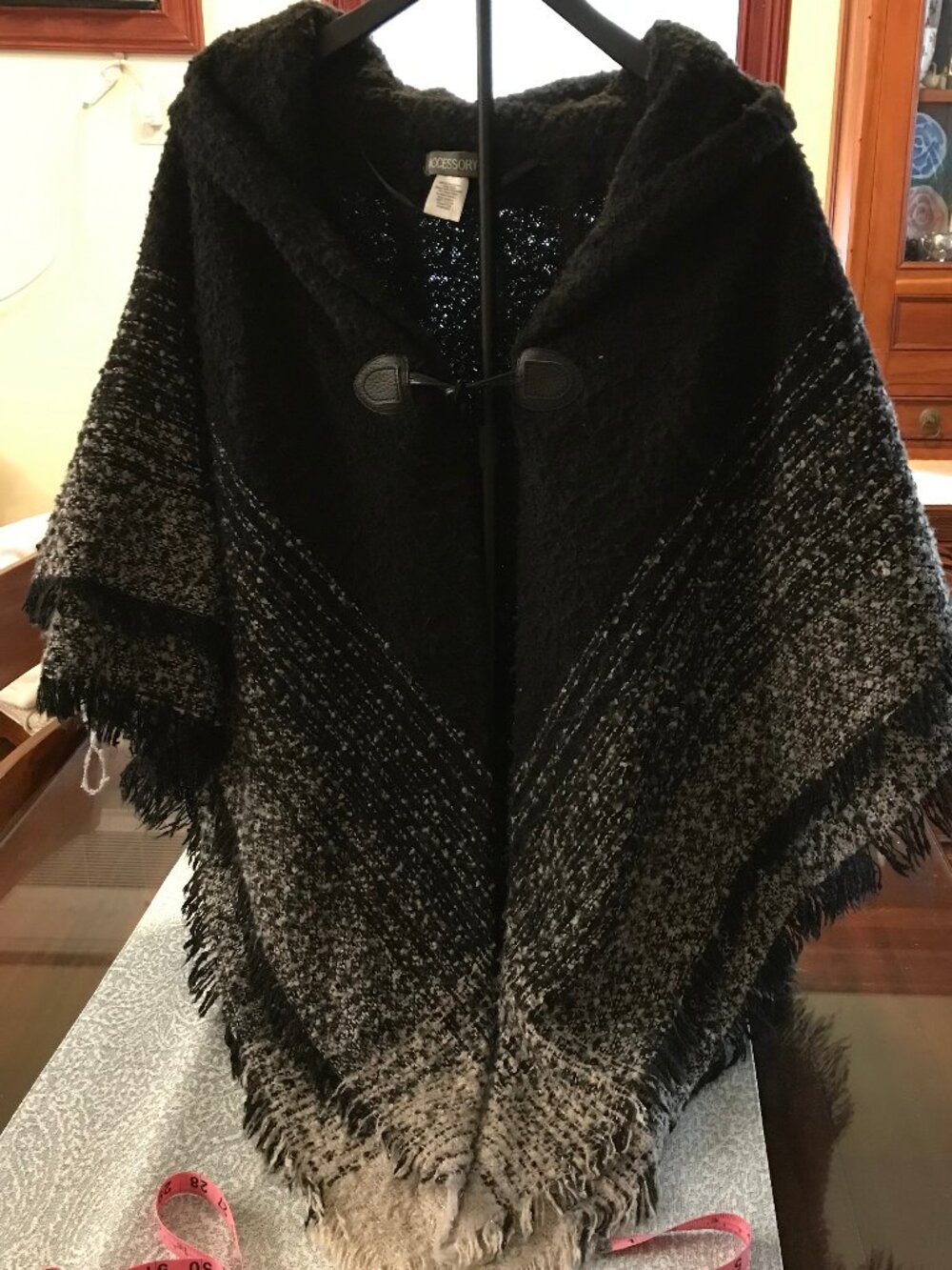 Accessory Street Black Hooded Fringed Cape Poncho Wrap One Size